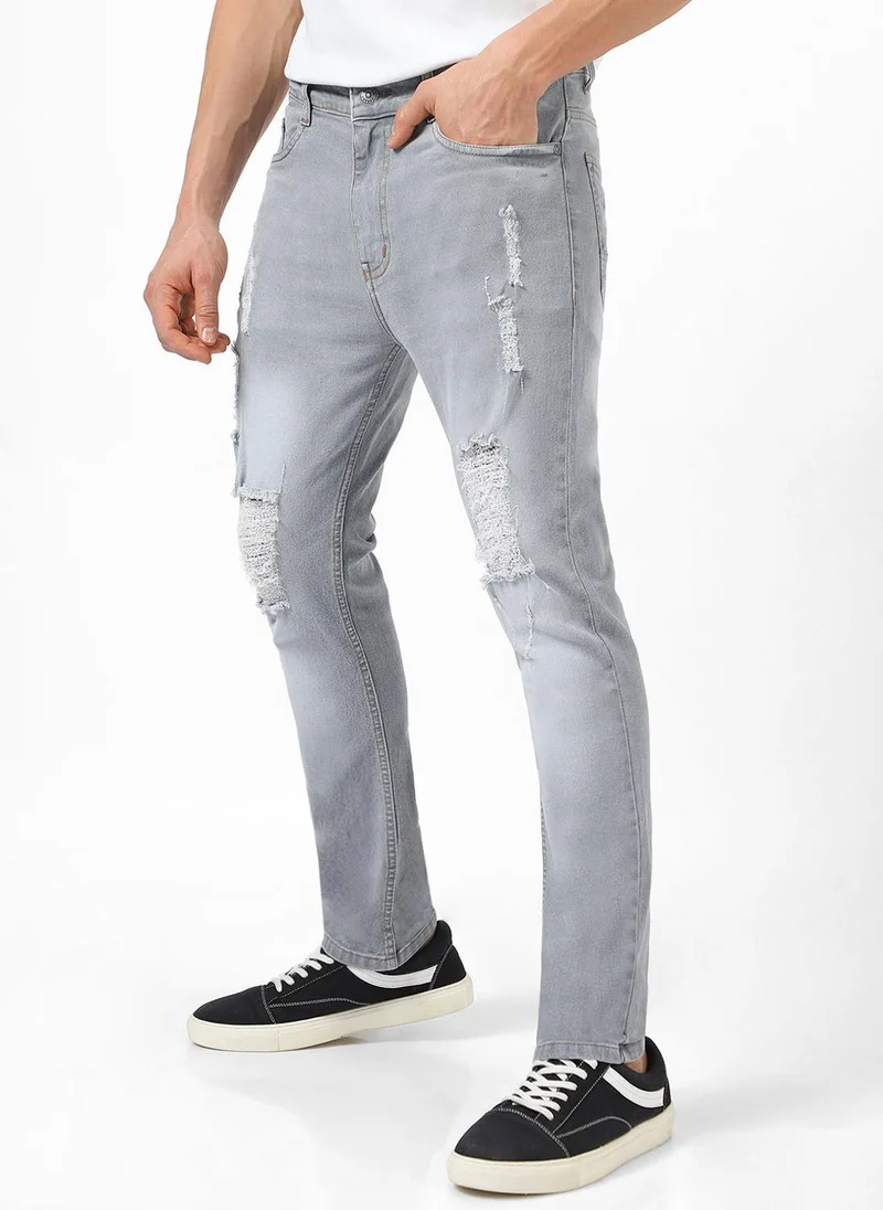 أوربانو فاشن Urbano Fashion Men's Light Grey Slim Fit Heavy Distressed/Torn Jeans